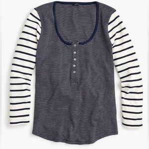 J. Crew Navy and White Striped Scoop Neck Ribbed Long Sleeve Henley